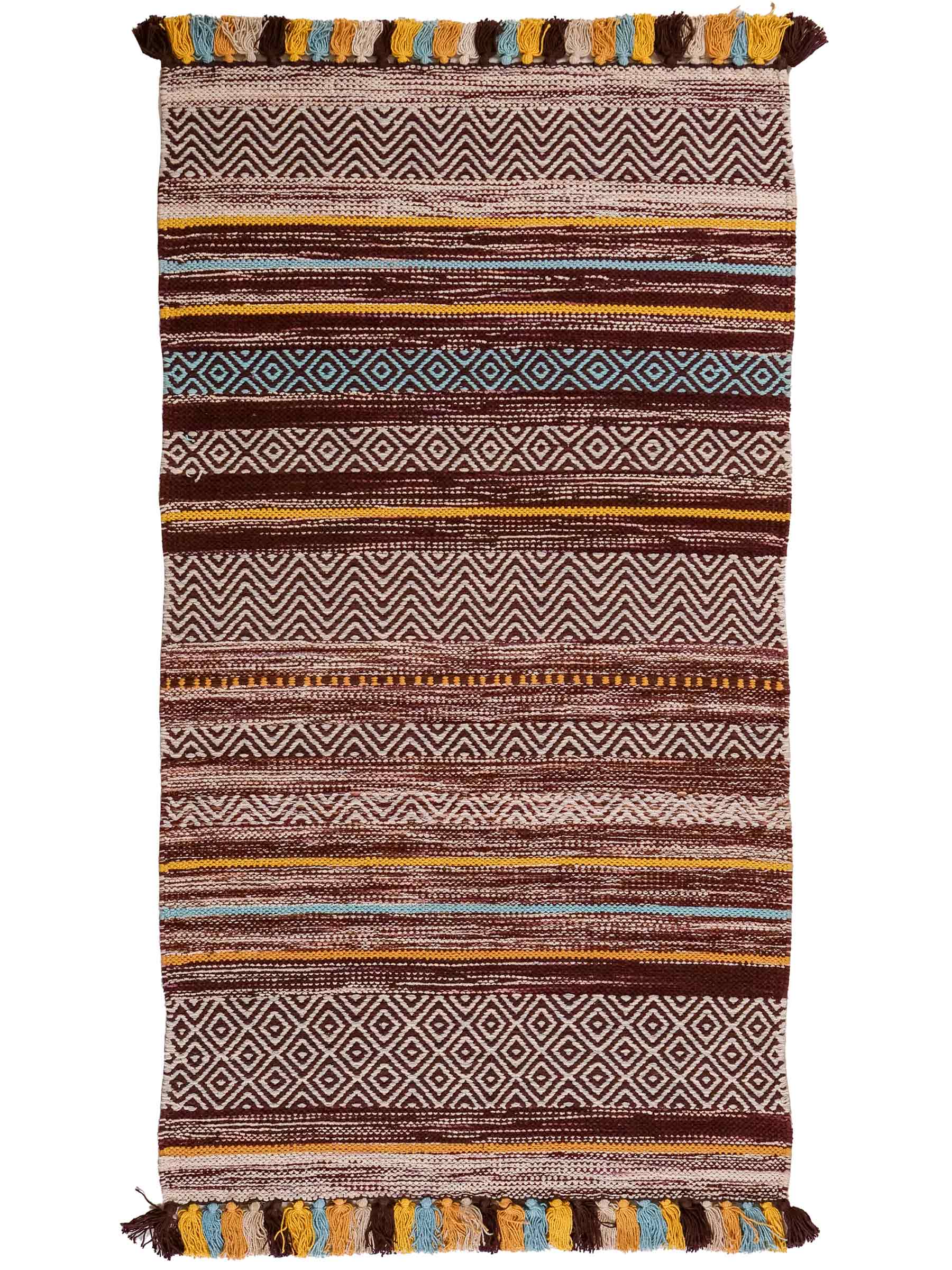 Handgewebter, moderner Indo Kelim Orientteppich von Khademi aus Baumwolle, dunkelrot, mehrfarbig. Geometrisches Design. Von Hand gewebt in Indien. Größe: 130x70cm. Teppichnummer: KB4-1644. Verkauf durch Jupiter Intl.