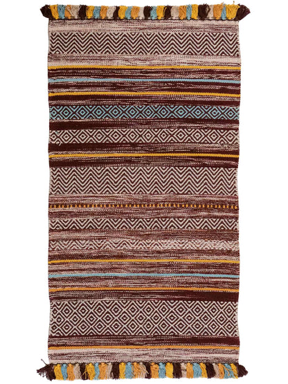 Handgewebter, moderner Indo Kelim Orientteppich von Khademi aus Baumwolle, dunkelrot, mehrfarbig. Geometrisches Design. Von Hand gewebt in Indien. Größe: 130x70cm. Teppichnummer: KB4-1644. Verkauf durch Jupiter Intl.