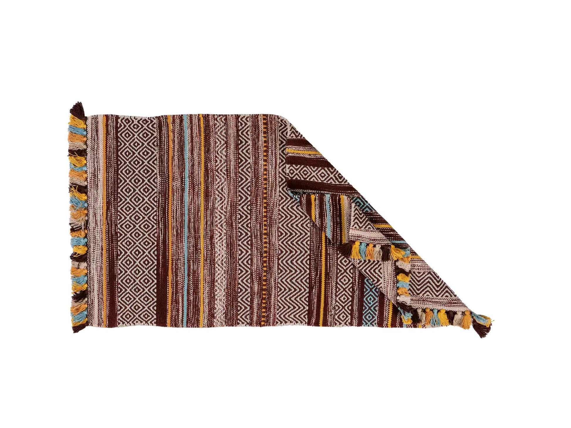 Handgewebter, moderner Indo Kelim Orientteppich von Khademi aus Baumwolle, dunkelrot, mehrfarbig. Geometrisches Design. Von Hand gewebt in Indien. Größe: 130x70cm. Teppichnummer: KB4-1644. Verkauf durch Jupiter Intl.