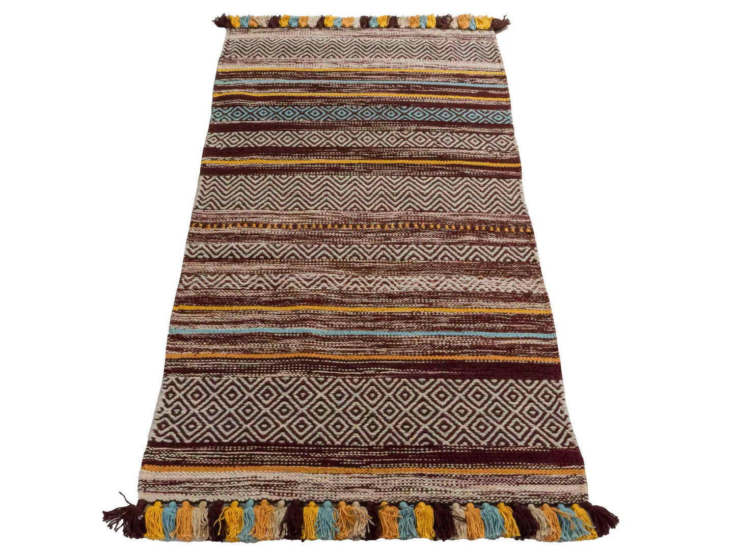 Handgewebter, moderner Indo Kelim Orientteppich von Khademi aus Baumwolle, dunkelrot, mehrfarbig. Geometrisches Design. Von Hand gewebt in Indien. Größe: 130x70cm. Teppichnummer: KB4-1644. Verkauf durch Jupiter Intl.