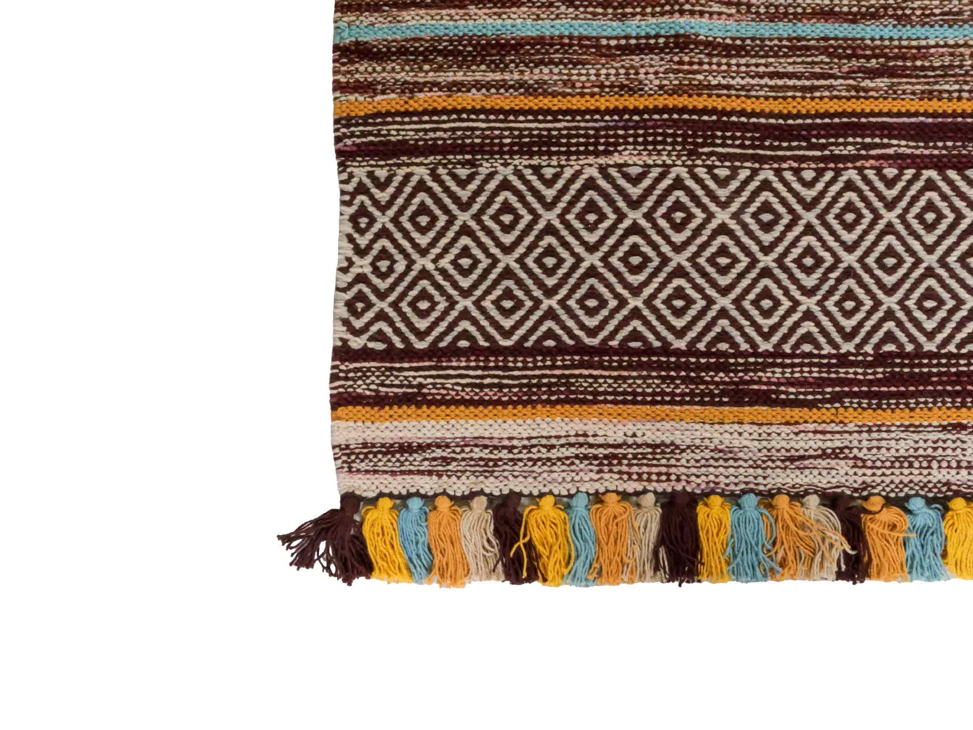 Handgewebter, moderner Indo Kelim Orientteppich von Khademi aus Baumwolle, dunkelrot, mehrfarbig. Geometrisches Design. Von Hand gewebt in Indien. Größe: 130x70cm. Teppichnummer: KB4-1644. Verkauf durch Jupiter Intl.