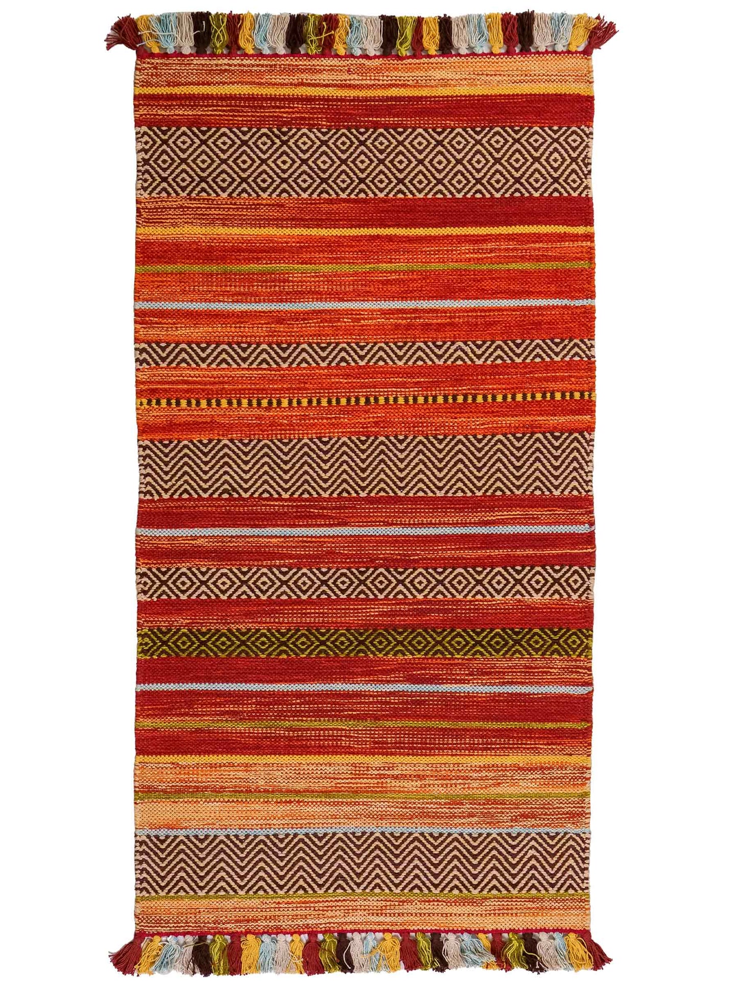 Handgewebter, moderner Indo Kelim Orientteppich von Khademi aus Baumwolle, rot, mehrfarbig. Geometrisches Design. Von Hand gewebt in Indien. Größe: 130x70cm. Teppichnummer: KB4-1645. Verkauf durch Jupiter Intl.