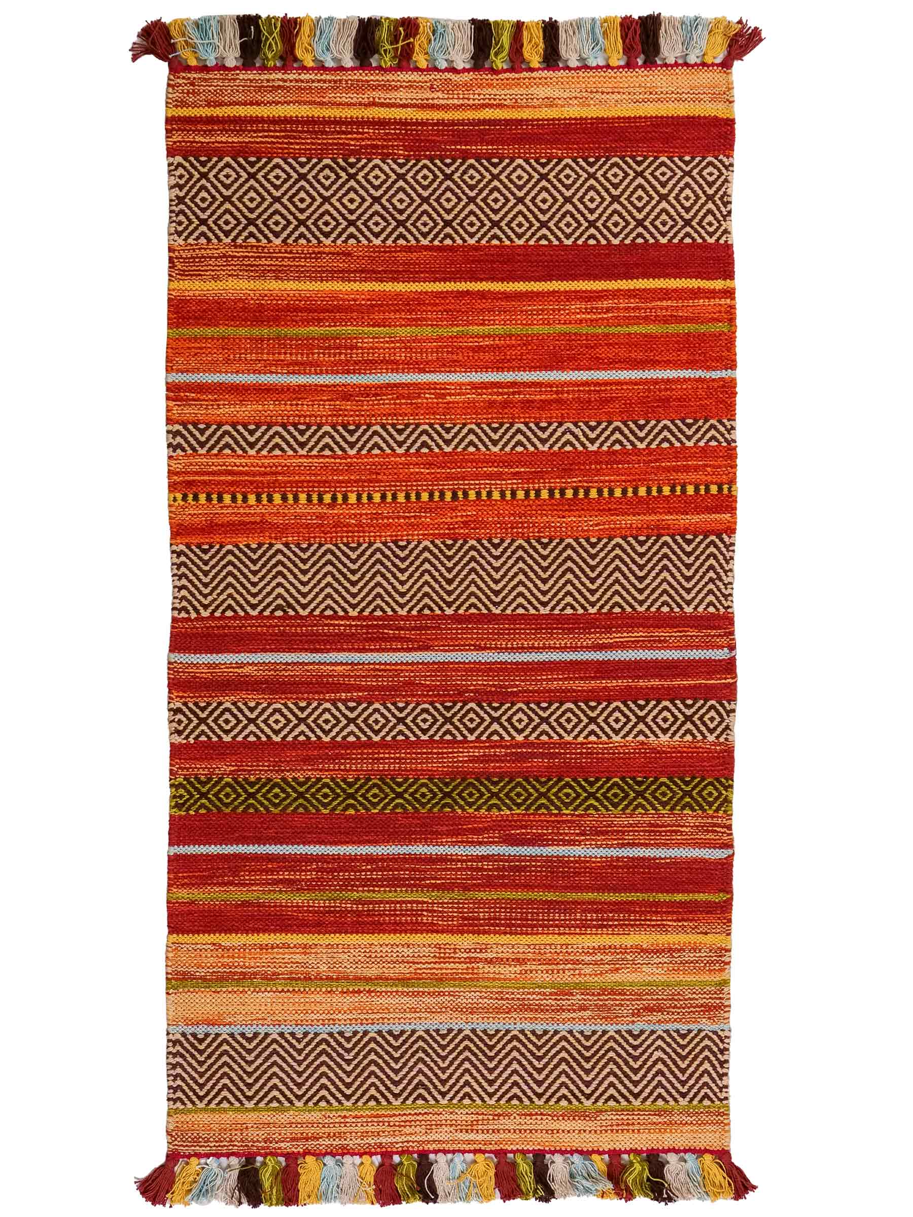 Handgewebter, moderner Indo Kelim Orientteppich von Khademi aus Baumwolle, rot, mehrfarbig. Geometrisches Design. Von Hand gewebt in Indien. Größe: 130x70cm. Teppichnummer: KB4-1645. Verkauf durch Jupiter Intl.