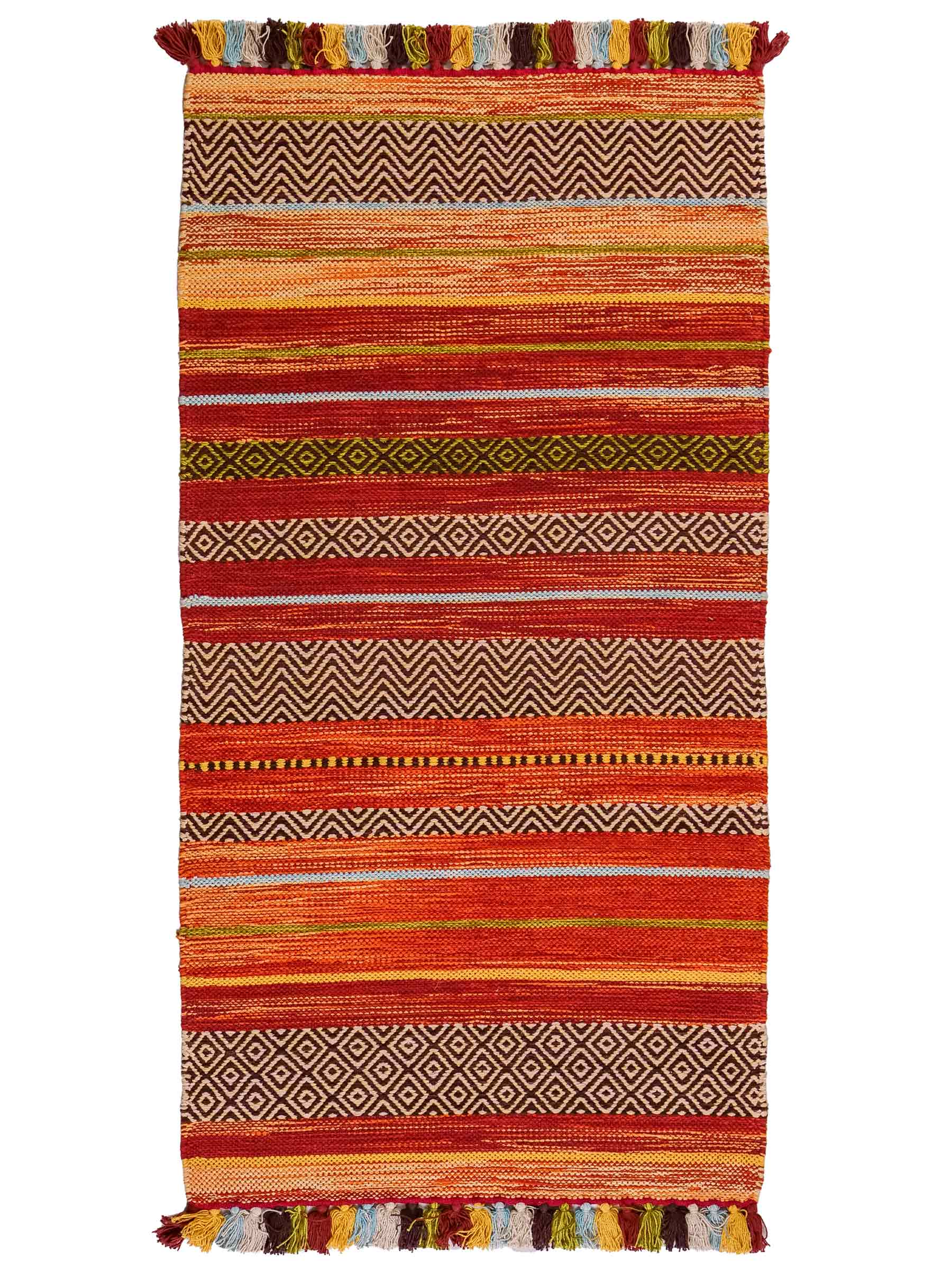 Handgewebter, moderner Indo Kelim Orientteppich von Khademi aus Baumwolle, rot, mehrfarbig. Geometrisches Design. Von Hand gewebt in Indien. Größe: 130x70cm. Teppichnummer: KB4-1646. Verkauf durch Jupiter Intl.
