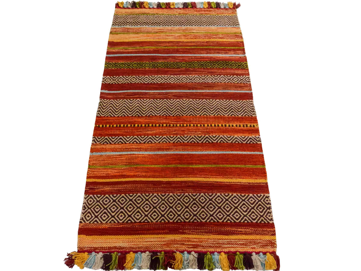 Handgewebter, moderner Indo Kelim Orientteppich von Khademi aus Baumwolle, rot, mehrfarbig. Geometrisches Design. Von Hand gewebt in Indien. Größe: 130x70cm. Teppichnummer: KB4-1646. Verkauf durch Jupiter Intl.