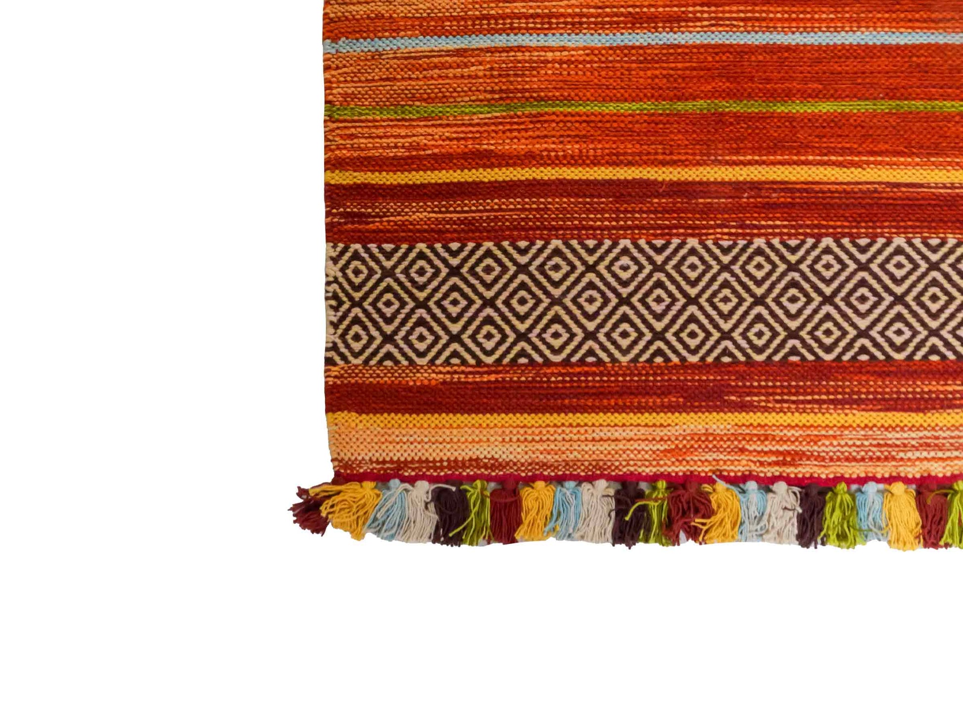 Handgewebter, moderner Indo Kelim Orientteppich von Khademi aus Baumwolle, rot, mehrfarbig. Geometrisches Design. Von Hand gewebt in Indien. Größe: 130x70cm. Teppichnummer: KB4-1646. Verkauf durch Jupiter Intl.