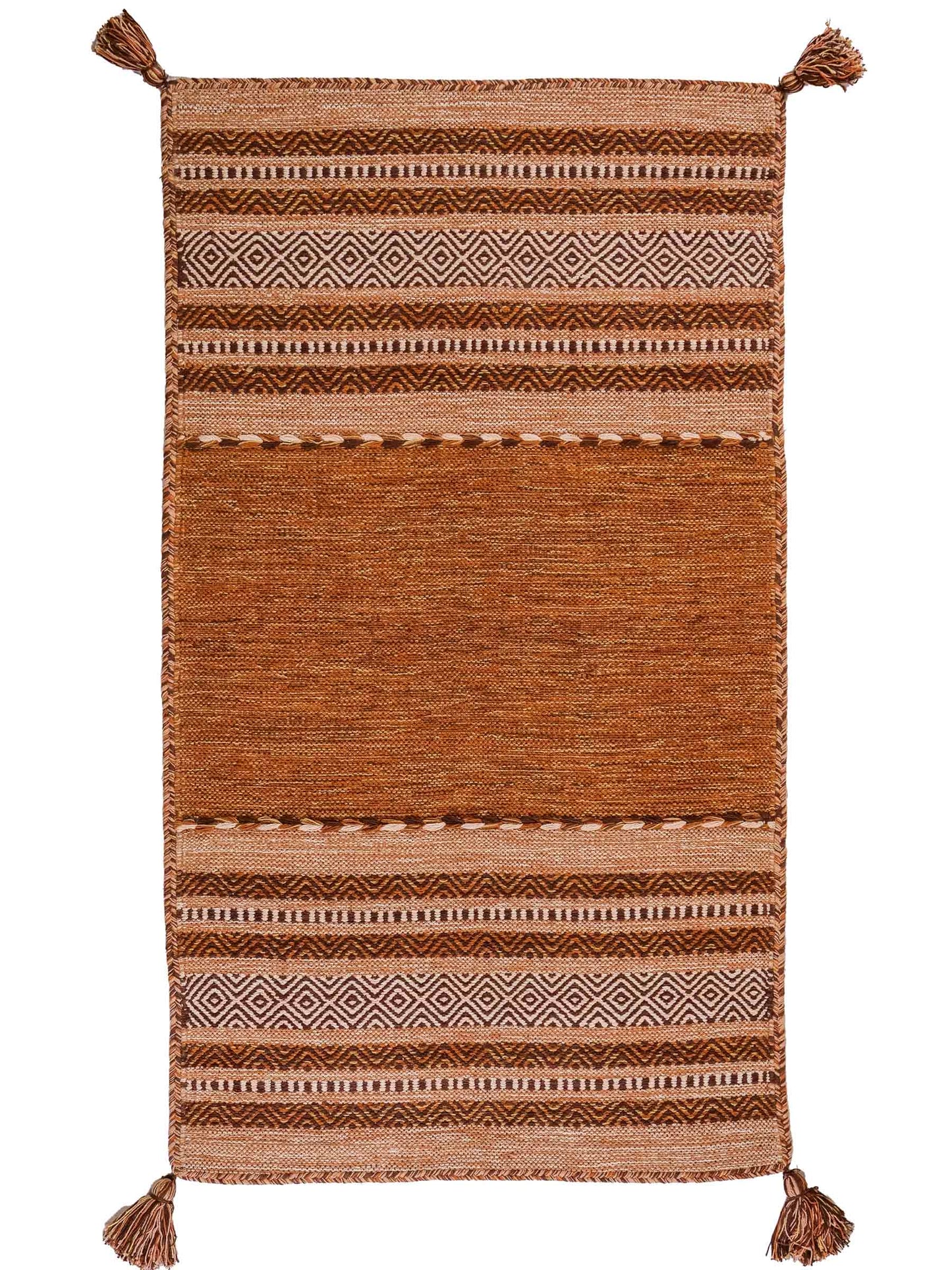 Handgewebter, moderner Indo Kelim Orientteppich von Khademi aus Baumwolle, braun. Geometrisches Design. Von Hand gewebt in Indien. Größe: 150x80cm. Teppichnummer: KB4-1658. Verkauf durch Jupiter Intl.