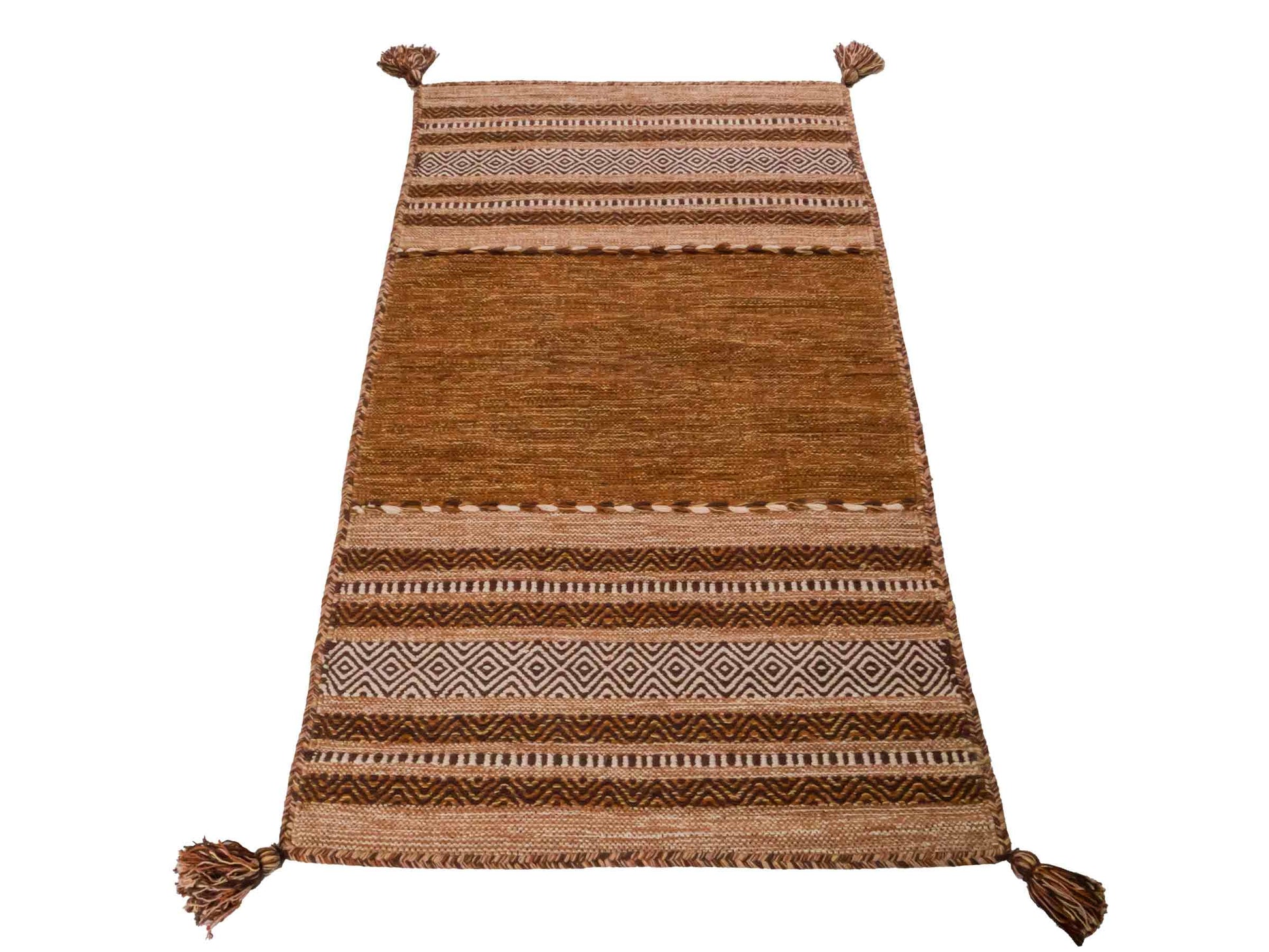 Handgewebter, moderner Indo Kelim Orientteppich von Khademi aus Baumwolle, braun. Geometrisches Design. Von Hand gewebt in Indien. Größe: 150x80cm. Teppichnummer: KB4-1658. Verkauf durch Jupiter Intl.