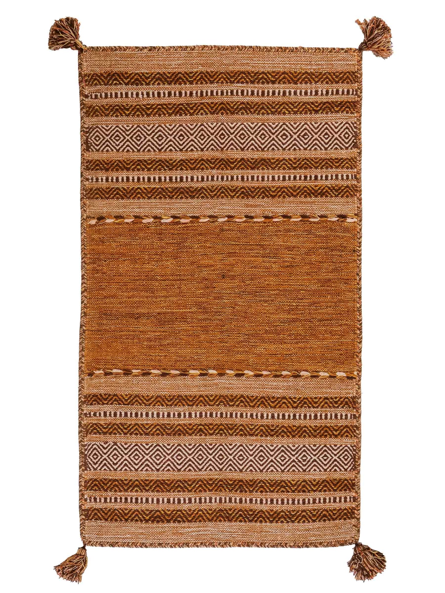 Handgewebter, moderner Indo Kelim Orientteppich von Khademi aus Baumwolle, braun. Geometrisches Design. Von Hand gewebt in Indien. Größe: 150x80cm. Teppichnummer: KB4-1659. Verkauf durch Jupiter Intl.