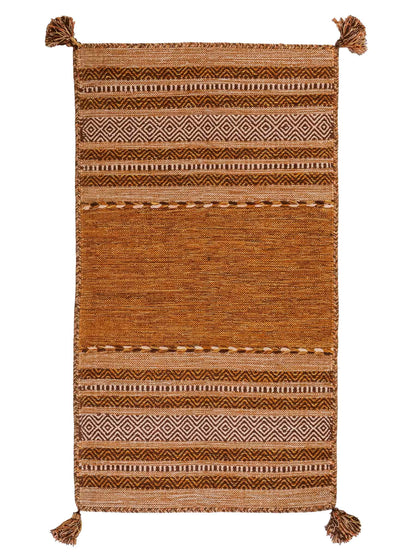 Handgewebter, moderner Indo Kelim Orientteppich von Khademi aus Baumwolle, braun. Geometrisches Design. Von Hand gewebt in Indien. Größe: 150x80cm. Teppichnummer: KB4-1659. Verkauf durch Jupiter Intl.