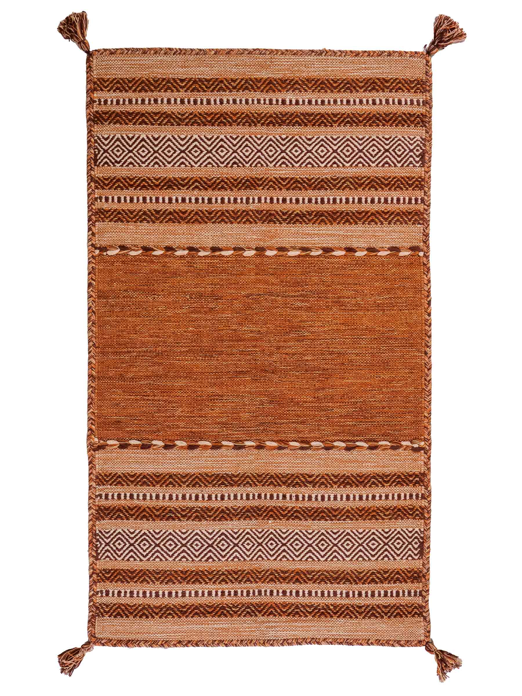 Handgewebter, moderner Indo Kelim Orientteppich von Khademi aus Baumwolle, braun. Geometrisches Design. Von Hand gewebt in Indien. Größe: 150x80cm. Teppichnummer: KB4-1660. Verkauf durch Jupiter Intl.