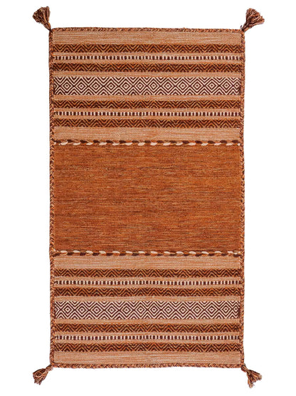 Handgewebter, moderner Indo Kelim Orientteppich von Khademi aus Baumwolle, braun. Geometrisches Design. Von Hand gewebt in Indien. Größe: 150x80cm. Teppichnummer: KB4-1660. Verkauf durch Jupiter Intl.