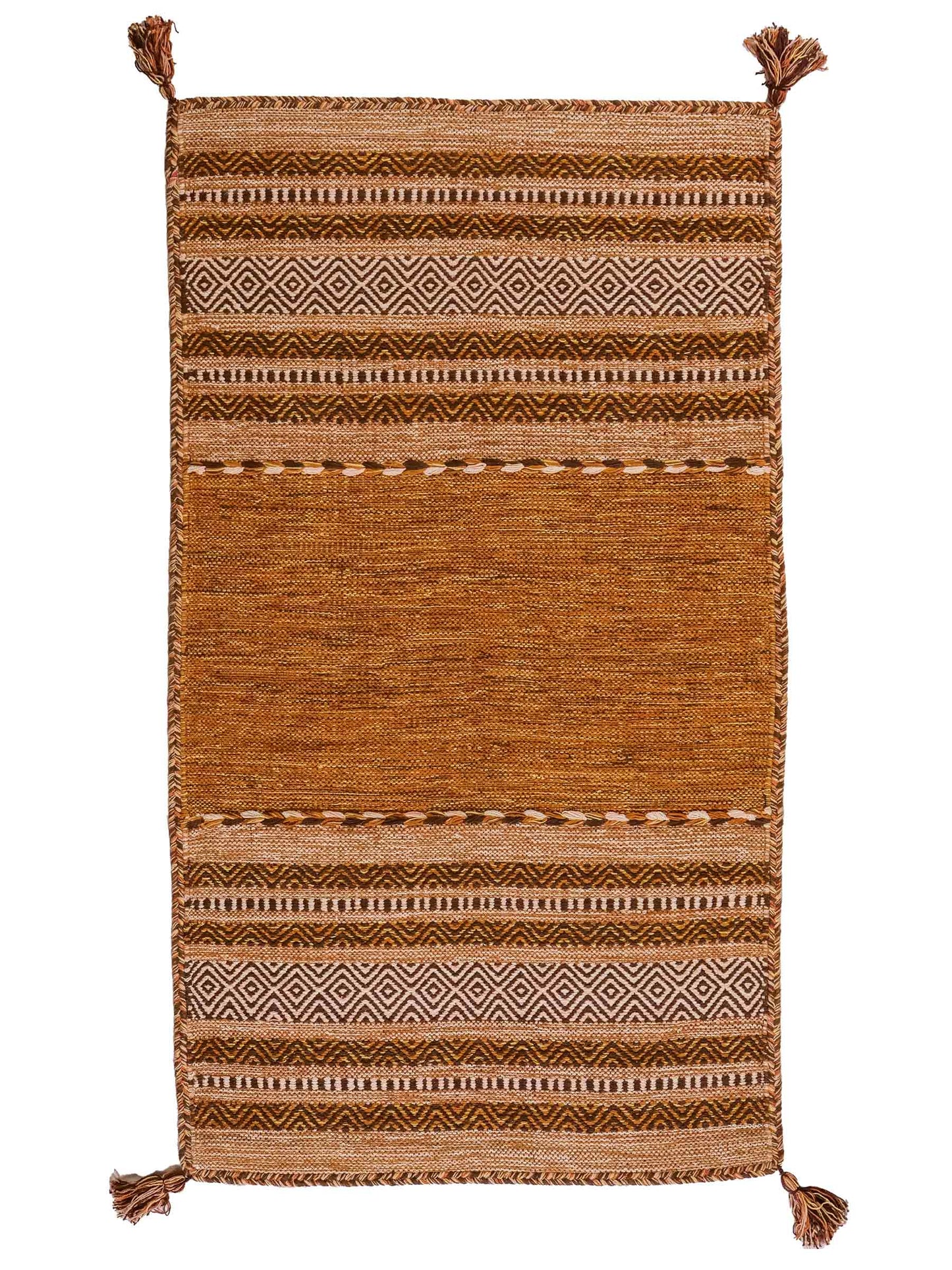 Handgewebter, moderner Indo Kelim Orientteppich von Khademi aus Baumwolle, braun. Geometrisches Design. Von Hand gewebt in Indien. Größe: 150x80cm. Teppichnummer: KB4-1661. Verkauf durch Jupiter Intl.