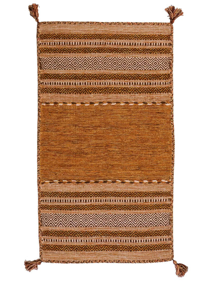 Handgewebter, moderner Indo Kelim Orientteppich von Khademi aus Baumwolle, braun. Geometrisches Design. Von Hand gewebt in Indien. Größe: 150x80cm. Teppichnummer: KB4-1661. Verkauf durch Jupiter Intl.