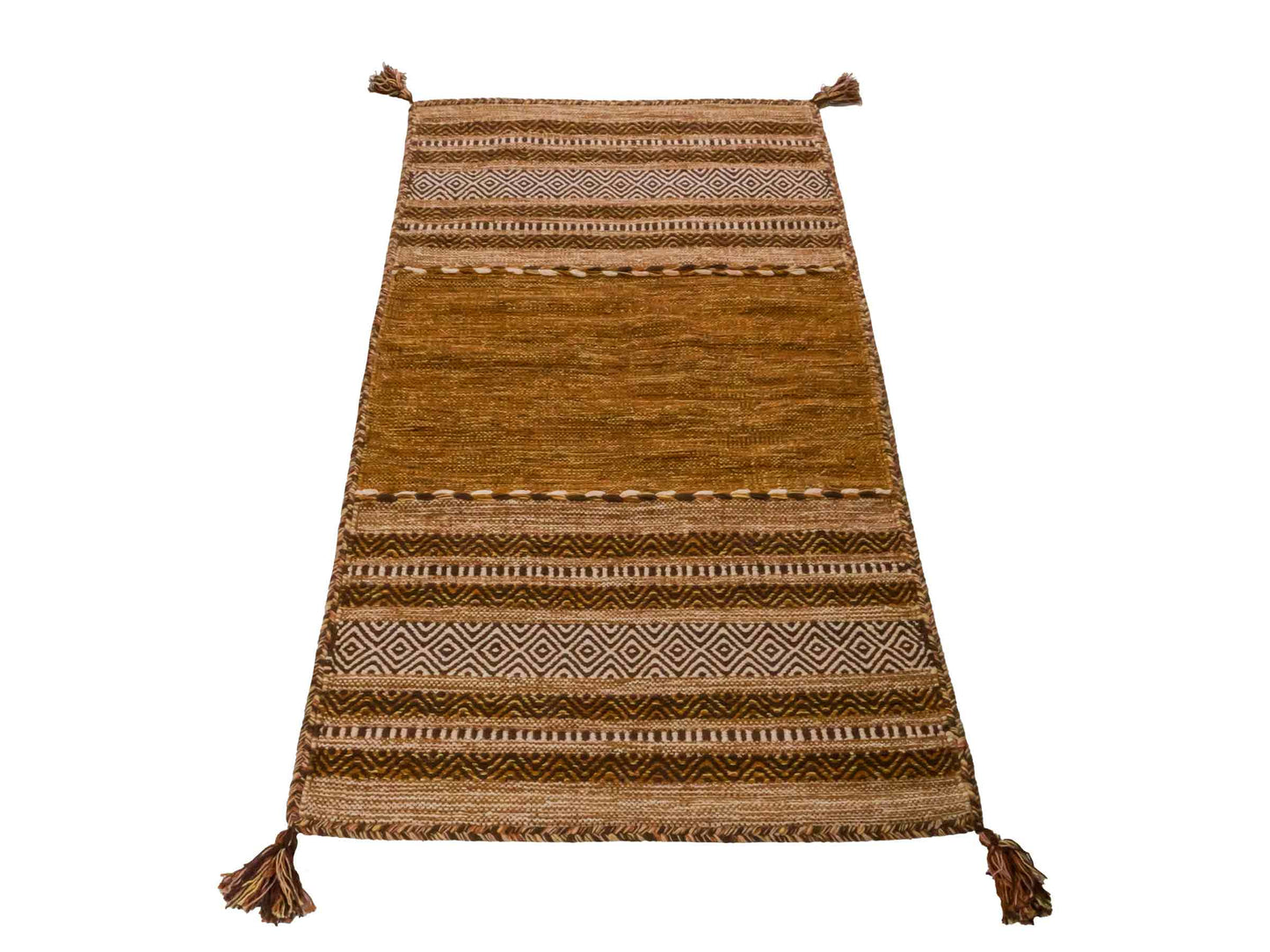 Handgewebter, moderner Indo Kelim Orientteppich von Khademi aus Baumwolle, braun. Geometrisches Design. Von Hand gewebt in Indien. Größe: 150x80cm. Teppichnummer: KB4-1661. Verkauf durch Jupiter Intl.