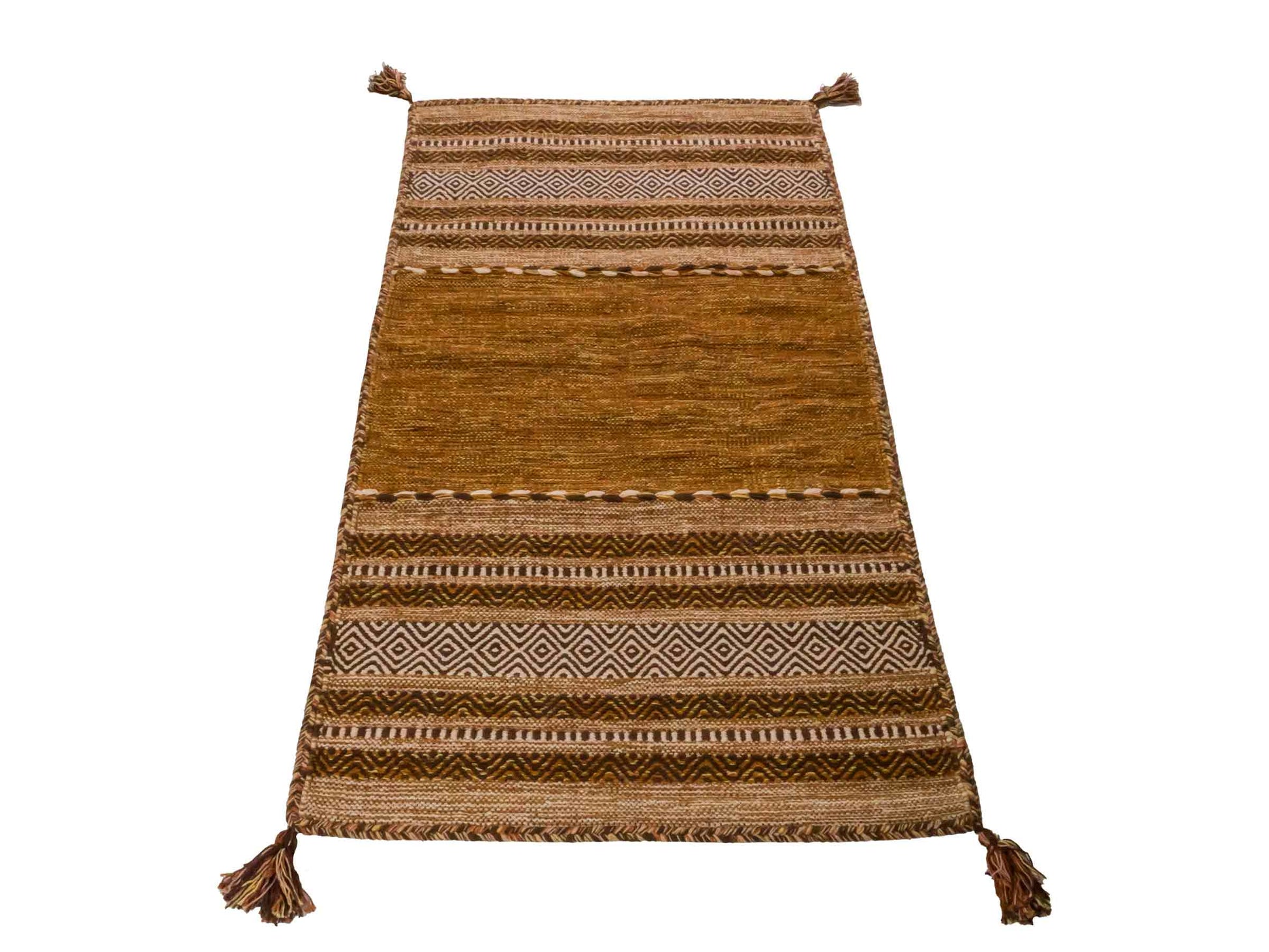 Handgewebter, moderner Indo Kelim Orientteppich von Khademi aus Baumwolle, braun. Geometrisches Design. Von Hand gewebt in Indien. Größe: 150x80cm. Teppichnummer: KB4-1661. Verkauf durch Jupiter Intl.