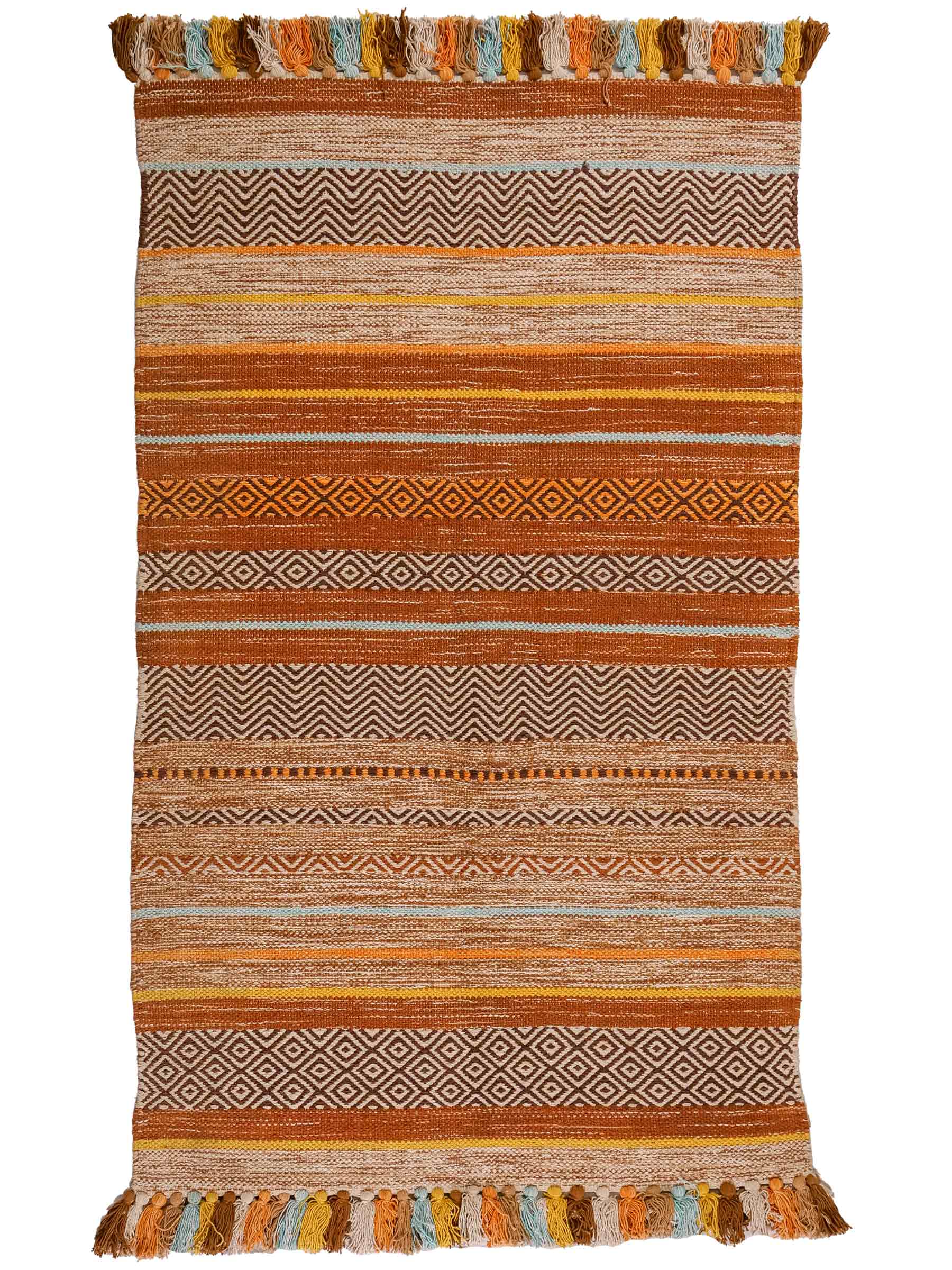 Handgewebter, moderner Indo Kelim Orientteppich von Khademi aus Baumwolle, orange, mehrfarbig. Geometrisches Design. Von Hand gewebt in Indien. Größe: 150x80cm. Teppichnummer: KB4-1650. Verkauf durch Jupiter Intl.