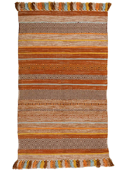 Handgewebter, moderner Indo Kelim Orientteppich von Khademi aus Baumwolle, orange, mehrfarbig. Geometrisches Design. Von Hand gewebt in Indien. Größe: 150x80cm. Teppichnummer: KB4-1650. Verkauf durch Jupiter Intl.