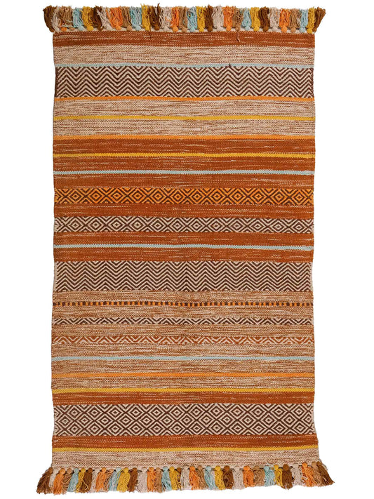 Handgewebter, moderner Indo Kelim Orientteppich von Khademi aus Baumwolle, orange, mehrfarbig. Geometrisches Design. Von Hand gewebt in Indien. Größe: 150x80cm. Teppichnummer: KB4-1650. Verkauf durch Jupiter Intl.
