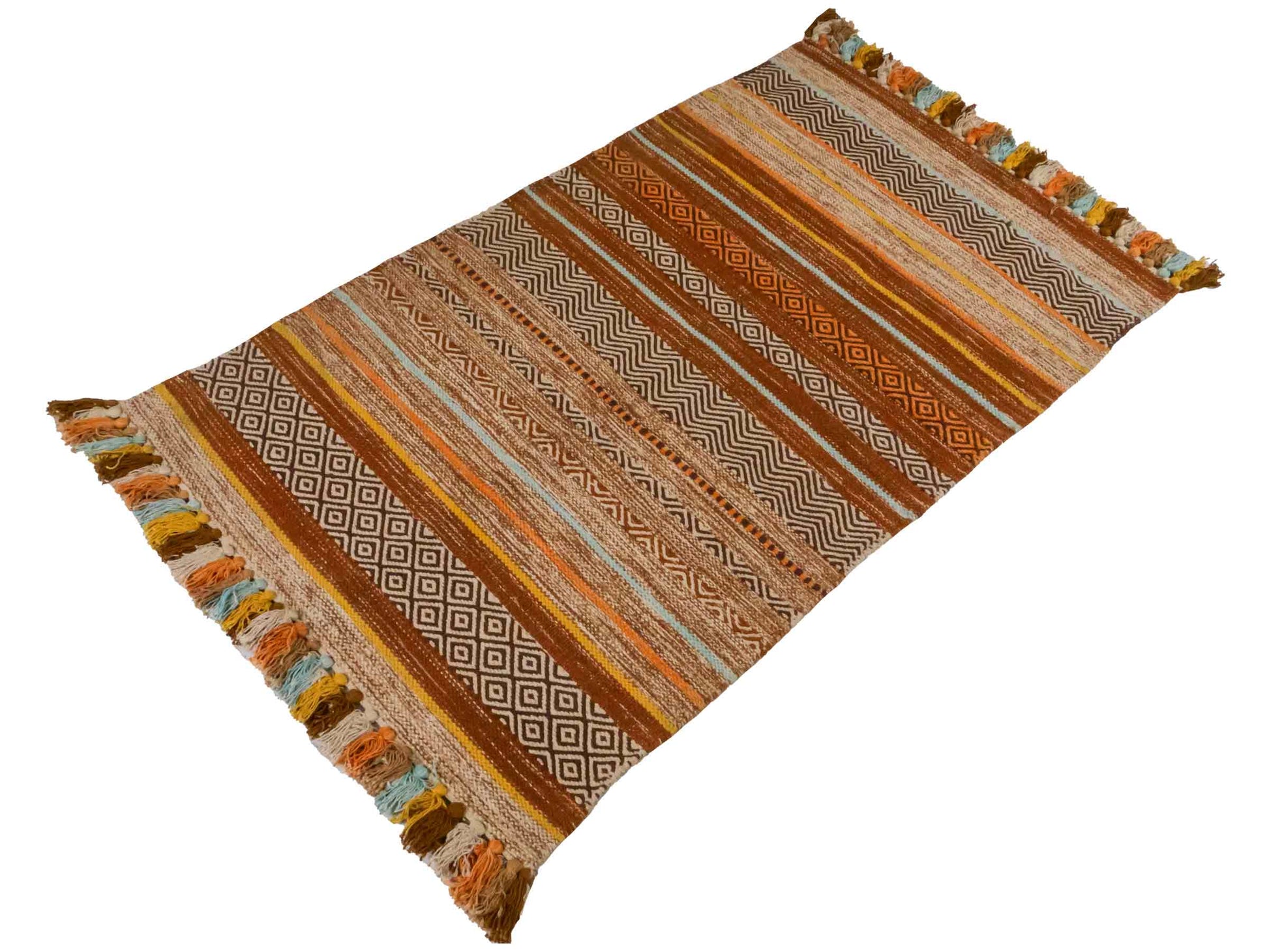 Handgewebter, moderner Indo Kelim Orientteppich von Khademi aus Baumwolle, orange, mehrfarbig. Geometrisches Design. Von Hand gewebt in Indien. Größe: 150x80cm. Teppichnummer: KB4-1650. Verkauf durch Jupiter Intl.