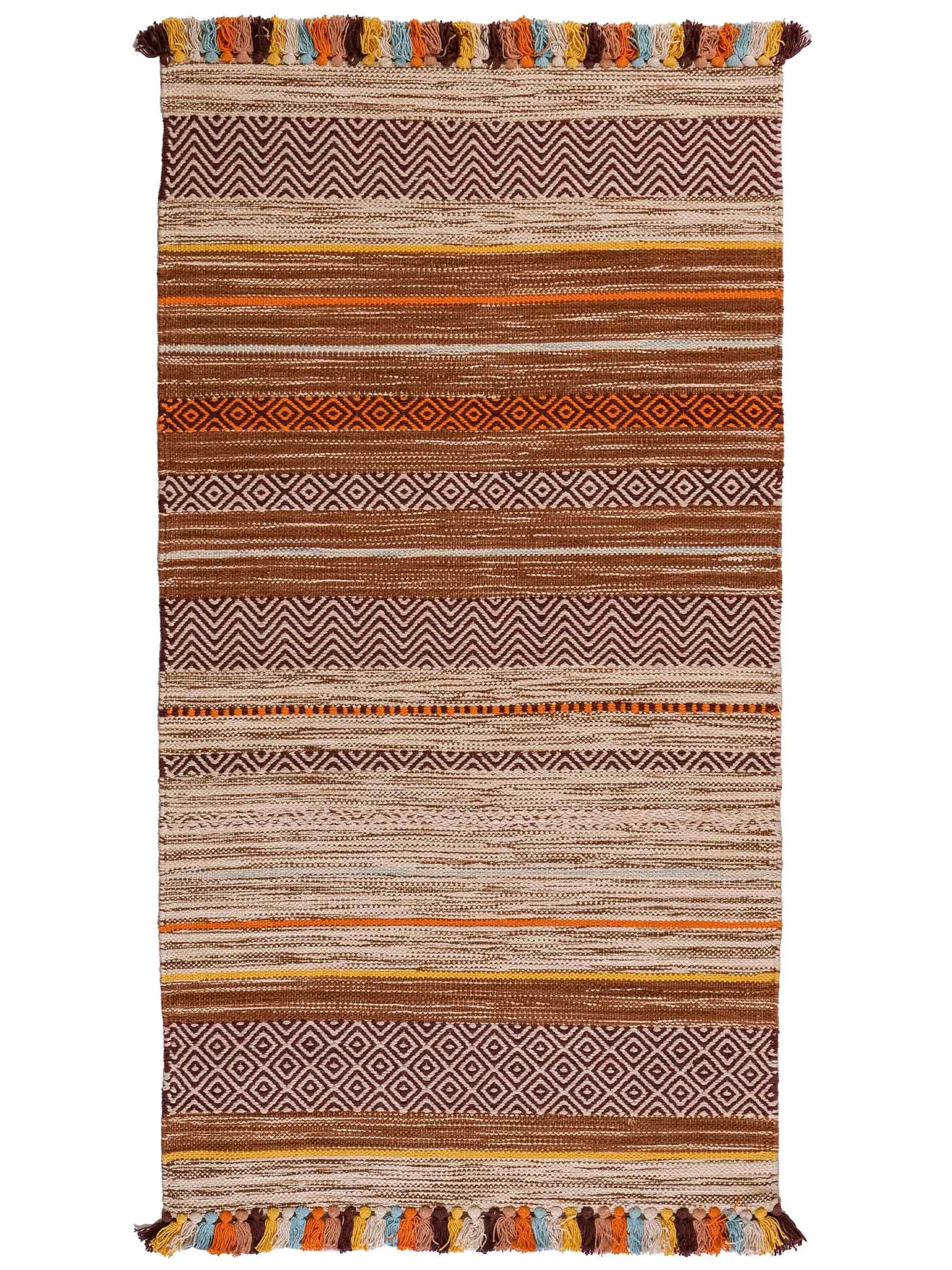 Handgewebter, moderner Indo Kelim Orientteppich von Khademi aus Baumwolle, orange, mehrfarbig. Geometrisches Design. Von Hand gewebt in Indien. Größe: 150x80cm. Teppichnummer: KB4-1651. Verkauf durch Jupiter Intl.