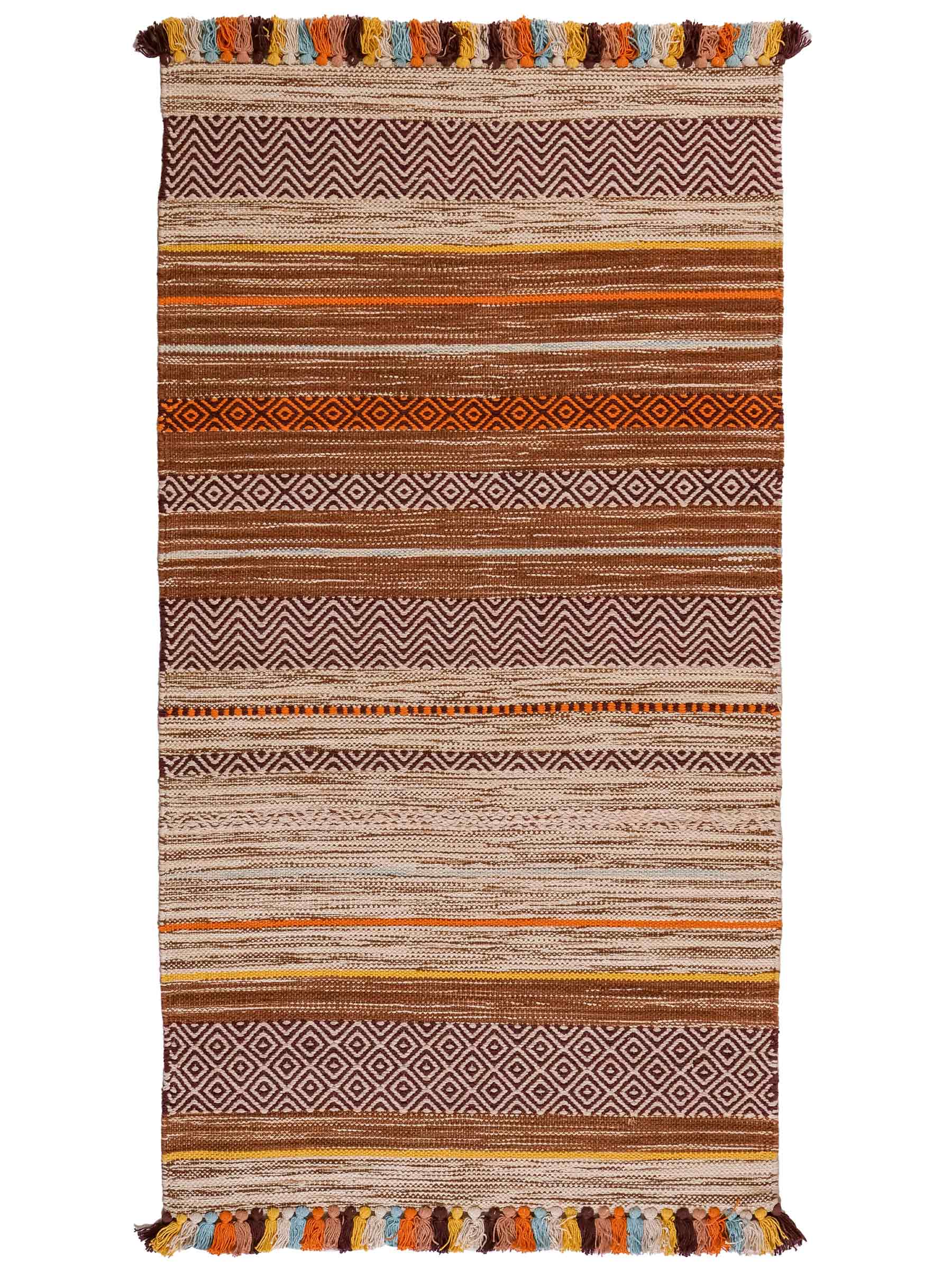 Handgewebter, moderner Indo Kelim Orientteppich von Khademi aus Baumwolle, orange, mehrfarbig. Geometrisches Design. Von Hand gewebt in Indien. Größe: 150x80cm. Teppichnummer: KB4-1651. Verkauf durch Jupiter Intl.