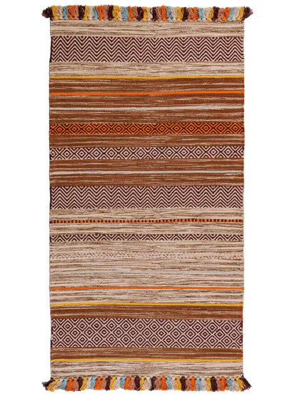 Handgewebter, moderner Indo Kelim Orientteppich von Khademi aus Baumwolle, orange, mehrfarbig. Geometrisches Design. Von Hand gewebt in Indien. Größe: 150x80cm. Teppichnummer: KB4-1651. Verkauf durch Jupiter Intl.
