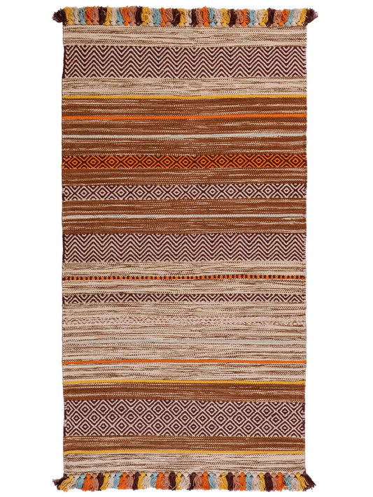 Handgewebter, moderner Indo Kelim Orientteppich von Khademi aus Baumwolle, orange, mehrfarbig. Geometrisches Design. Von Hand gewebt in Indien. Größe: 150x80cm. Teppichnummer: KB4-1651. Verkauf durch Jupiter Intl.