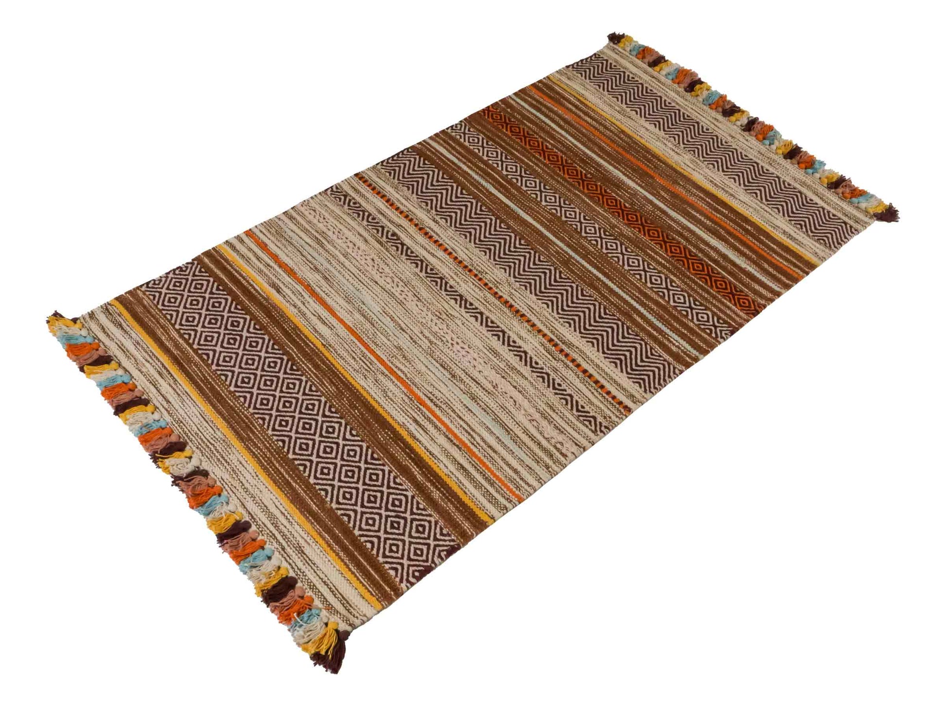 Handgewebter, moderner Indo Kelim Orientteppich von Khademi aus Baumwolle, orange, mehrfarbig. Geometrisches Design. Von Hand gewebt in Indien. Größe: 150x80cm. Teppichnummer: KB4-1651. Verkauf durch Jupiter Intl.