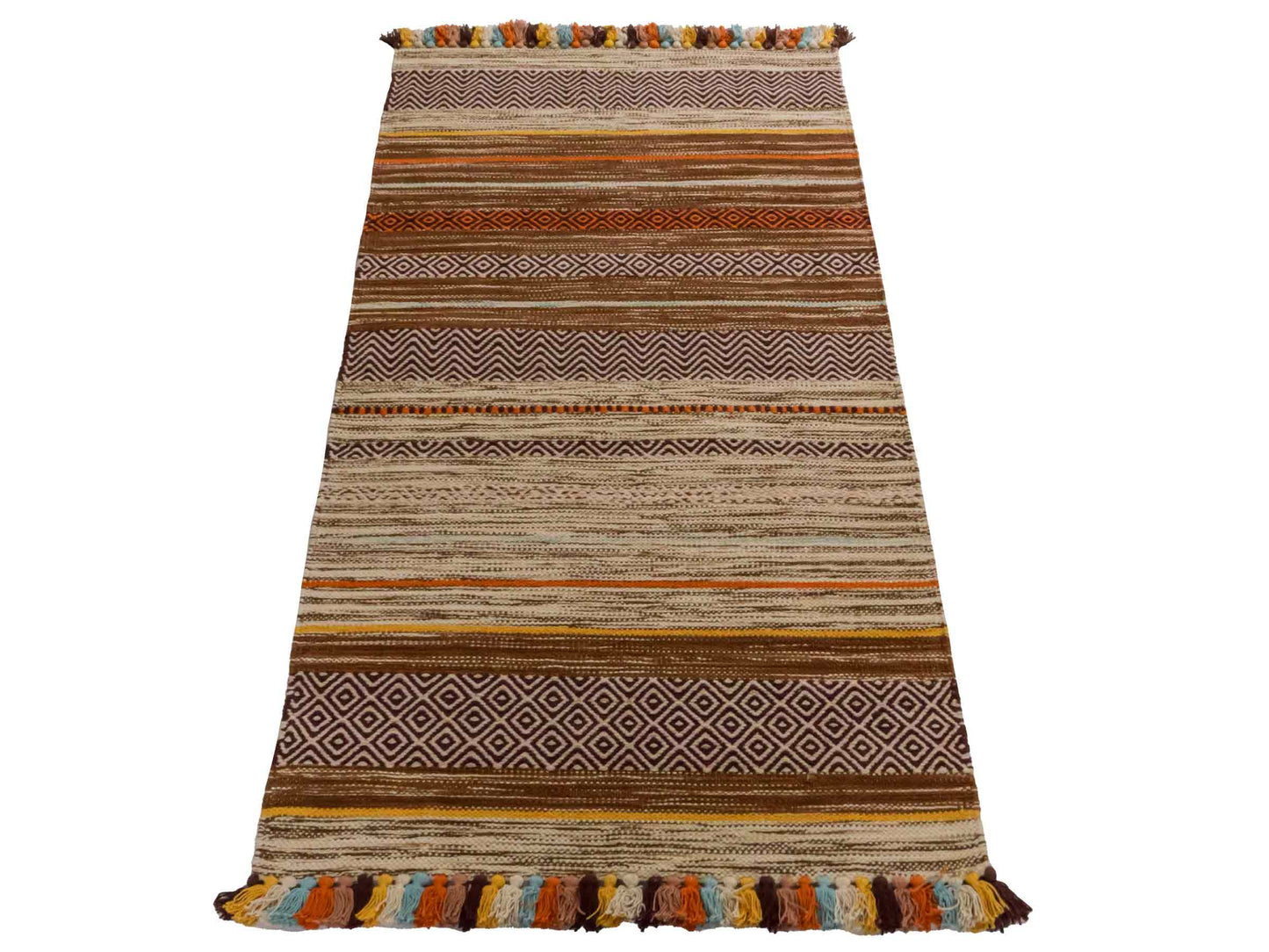 Handgewebter, moderner Indo Kelim Orientteppich von Khademi aus Baumwolle, orange, mehrfarbig. Geometrisches Design. Von Hand gewebt in Indien. Größe: 150x80cm. Teppichnummer: KB4-1651. Verkauf durch Jupiter Intl.