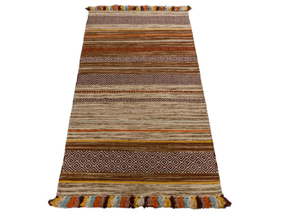 Handgewebter, moderner Indo Kelim Orientteppich von Khademi aus Baumwolle, orange, mehrfarbig. Geometrisches Design. Von Hand gewebt in Indien. Größe: 150x80cm. Teppichnummer: KB4-1651. Verkauf durch Jupiter Intl.