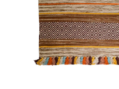 Handgewebter, moderner Indo Kelim Orientteppich von Khademi aus Baumwolle, orange, mehrfarbig. Geometrisches Design. Von Hand gewebt in Indien. Größe: 150x80cm. Teppichnummer: KB4-1651. Verkauf durch Jupiter Intl.