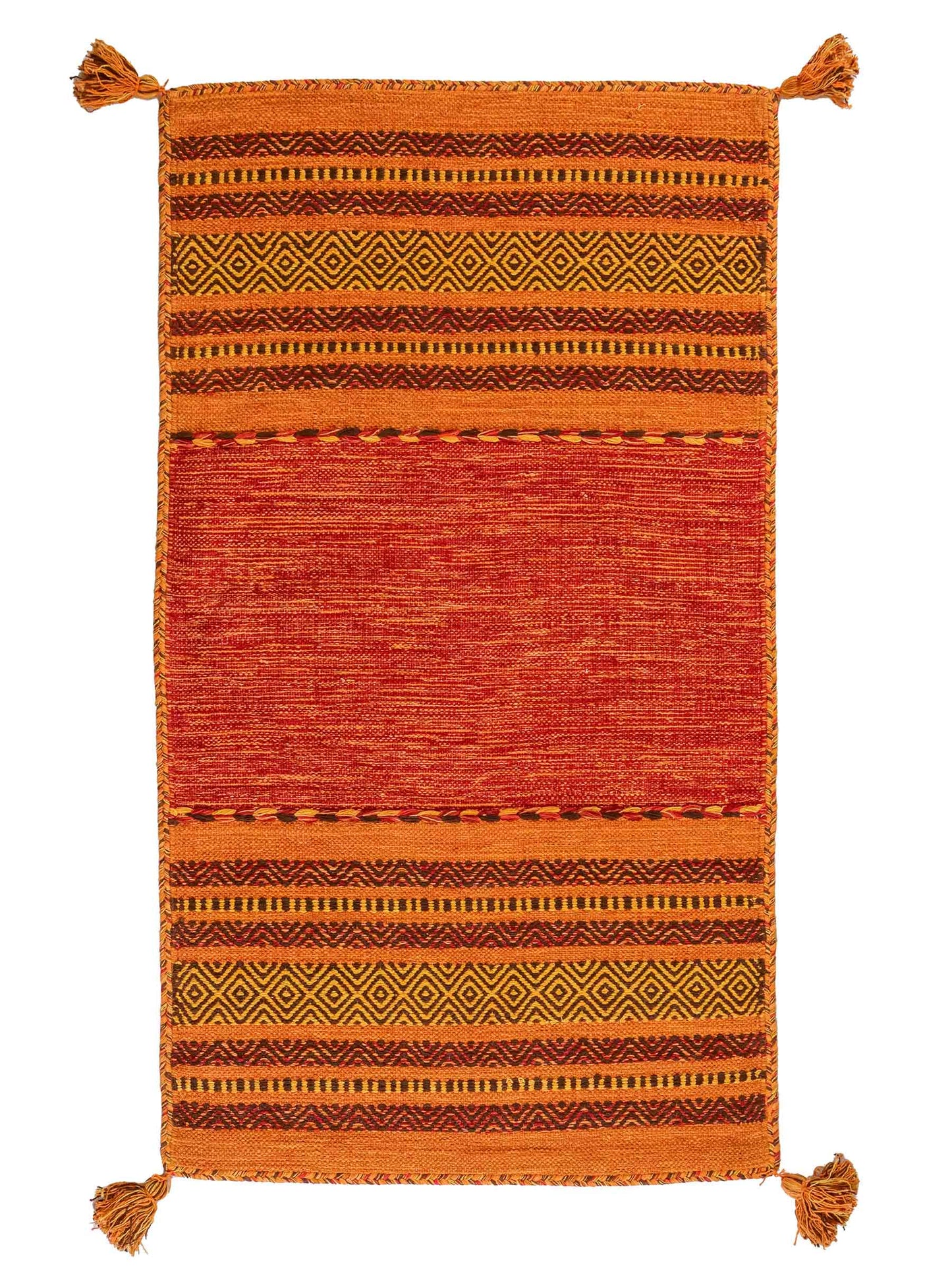 Handgewebter, moderner Indo Kelim Orientteppich von Khademi aus Baumwolle, orange. Geometrisches Design. Von Hand gewebt in Indien. Größe: 150x80cm. Teppichnummer: KB4-1652. Verkauf durch Jupiter Intl.
