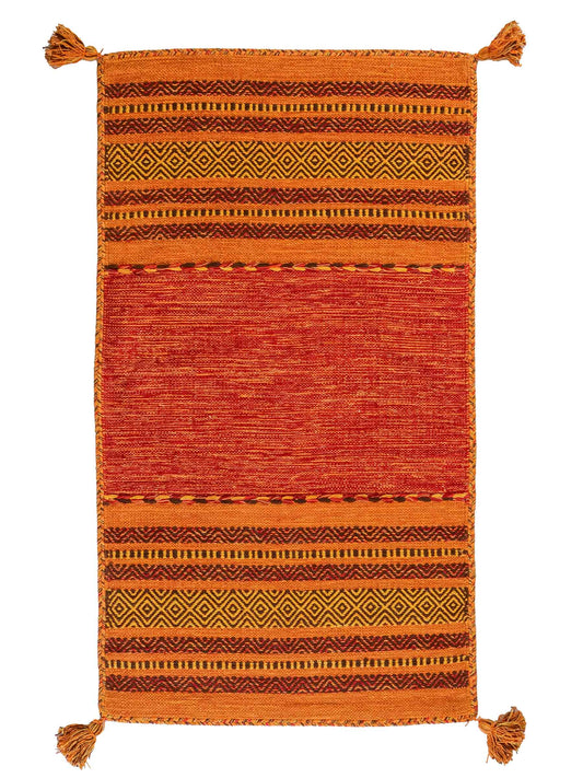 Handgewebter, moderner Indo Kelim Orientteppich von Khademi aus Baumwolle, orange. Geometrisches Design. Von Hand gewebt in Indien. Größe: 150x80cm. Teppichnummer: KB4-1652. Verkauf durch Jupiter Intl.