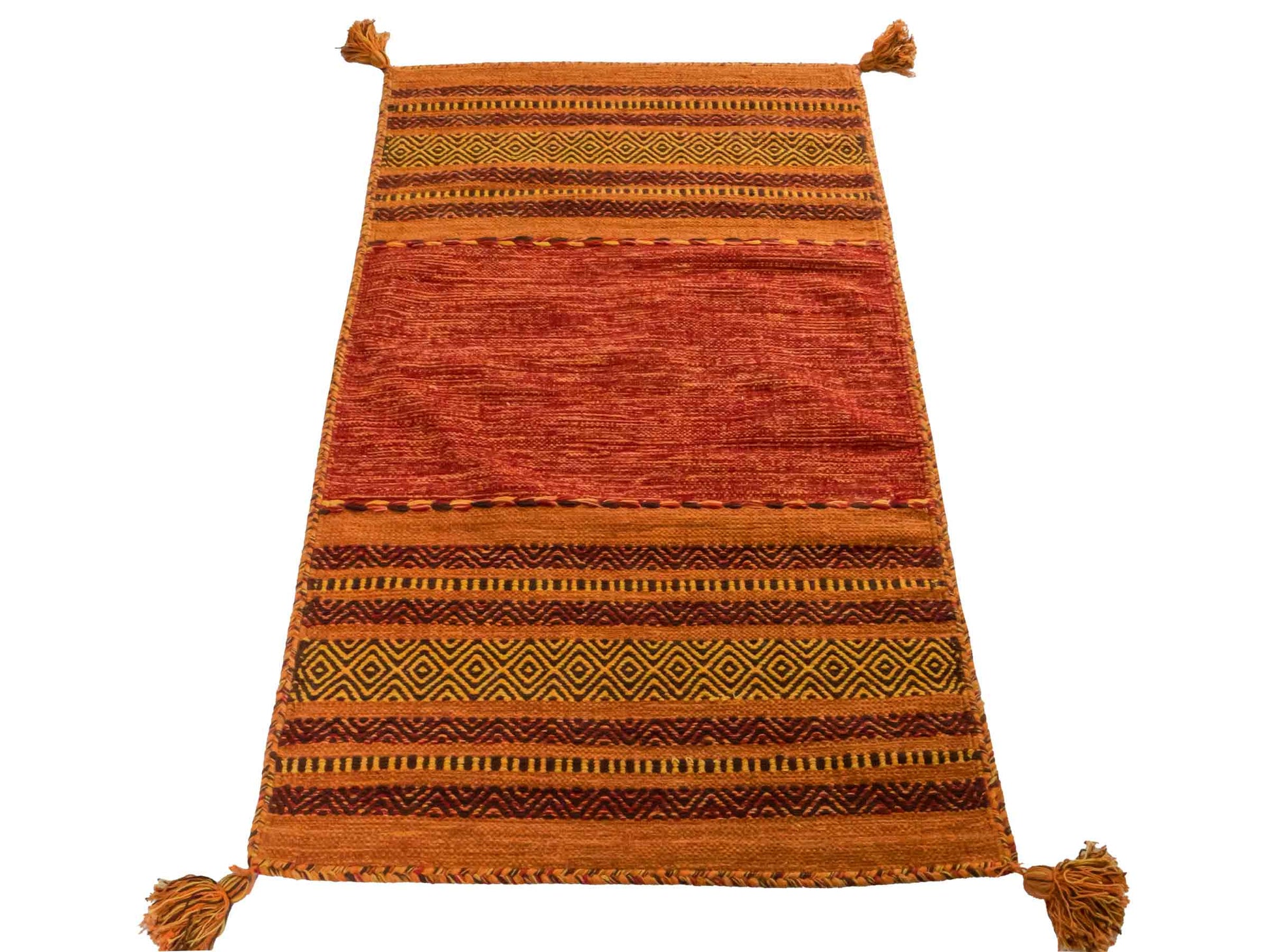 Handgewebter, moderner Indo Kelim Orientteppich von Khademi aus Baumwolle, orange. Geometrisches Design. Von Hand gewebt in Indien. Größe: 150x80cm. Teppichnummer: KB4-1652. Verkauf durch Jupiter Intl.