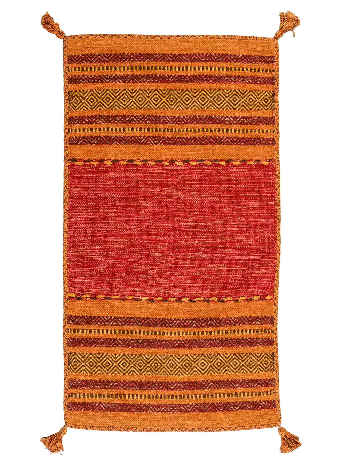 Handgewebter, moderner Indo Kelim Orientteppich von Khademi aus Baumwolle, orange. Geometrisches Design. Von Hand gewebt in Indien. Größe: 150x80cm. Teppichnummer: KB4-1653. Verkauf durch Jupiter Intl.