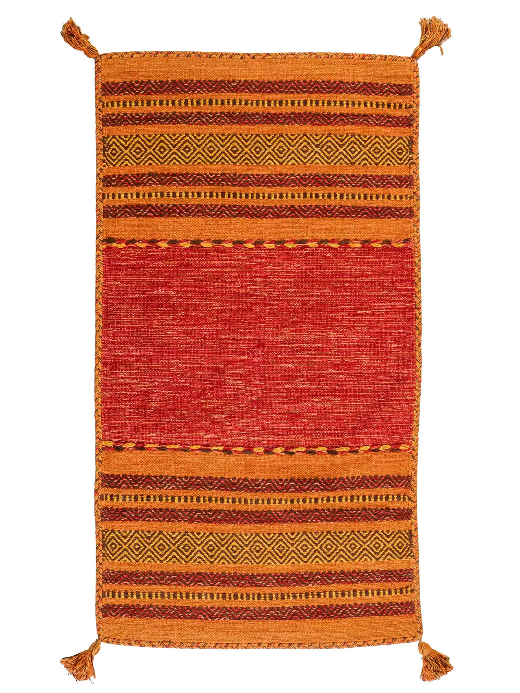 Handgewebter, moderner Indo Kelim Orientteppich von Khademi aus Baumwolle, orange. Geometrisches Design. Von Hand gewebt in Indien. Größe: 150x80cm. Teppichnummer: KB4-1653. Verkauf durch Jupiter Intl.