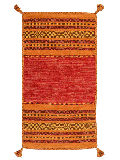 Handgewebter, moderner Indo Kelim Orientteppich von Khademi aus Baumwolle, orange. Geometrisches Design. Von Hand gewebt in Indien. Größe: 150x80cm. Teppichnummer: KB4-1653. Verkauf durch Jupiter Intl.