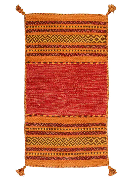 Handgewebter, moderner Indo Kelim Orientteppich von Khademi aus Baumwolle, orange. Geometrisches Design. Von Hand gewebt in Indien. Größe: 150x80cm. Teppichnummer: KB4-1653. Verkauf durch Jupiter Intl.