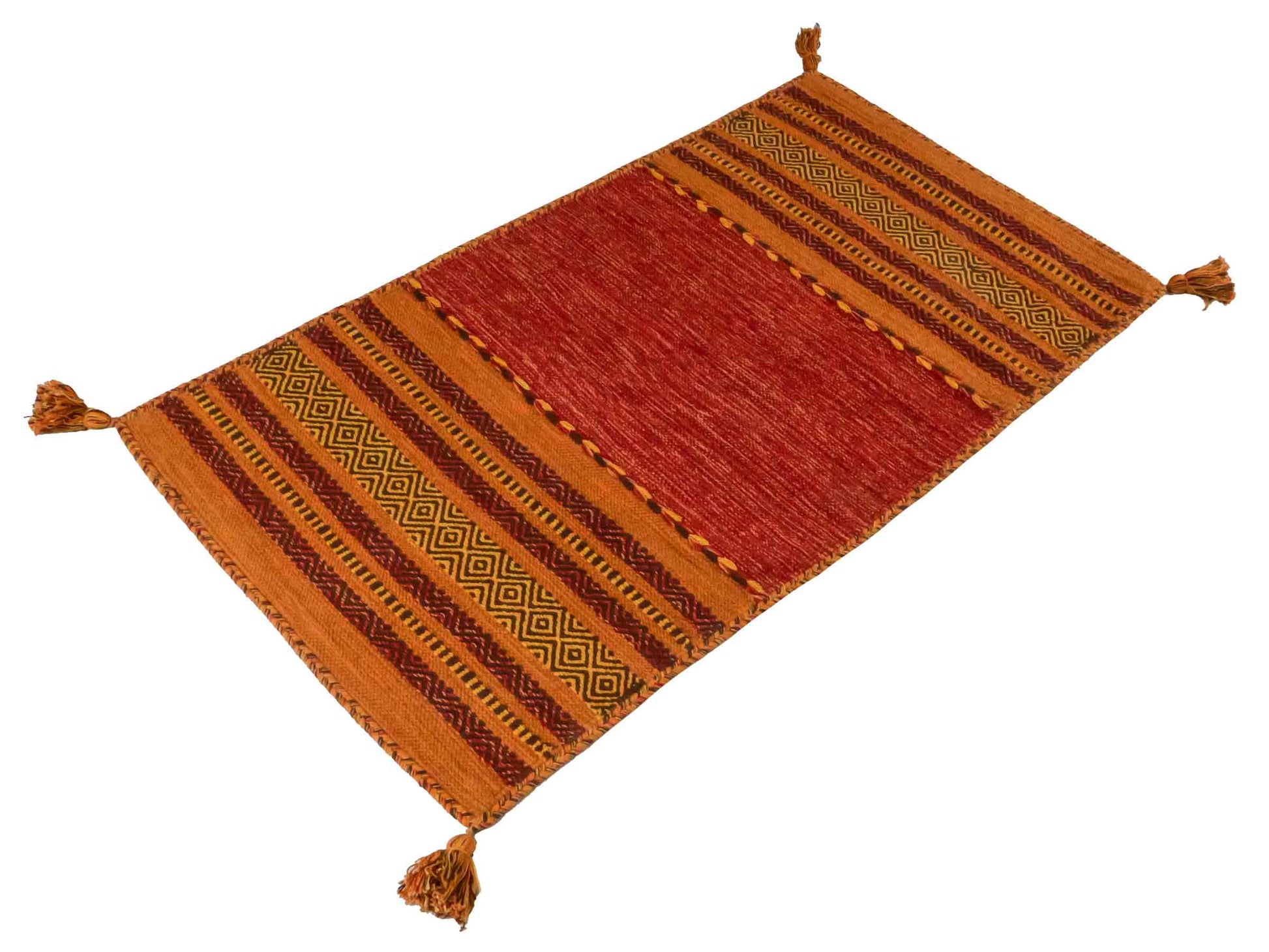 Handgewebter, moderner Indo Kelim Orientteppich von Khademi aus Baumwolle, orange. Geometrisches Design. Von Hand gewebt in Indien. Größe: 150x80cm. Teppichnummer: KB4-1653. Verkauf durch Jupiter Intl.