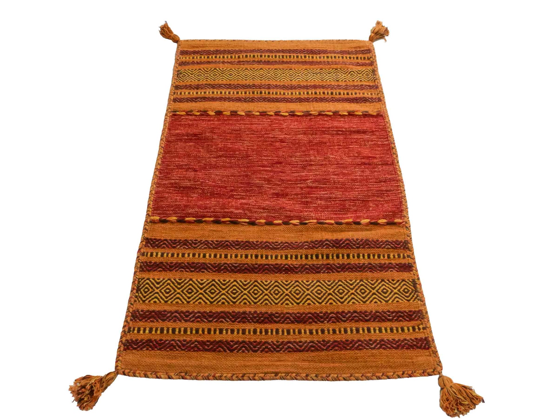 Handgewebter, moderner Indo Kelim Orientteppich von Khademi aus Baumwolle, orange. Geometrisches Design. Von Hand gewebt in Indien. Größe: 150x80cm. Teppichnummer: KB4-1653. Verkauf durch Jupiter Intl.