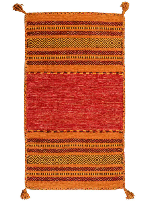Handgewebter, moderner Indo Kelim Orientteppich von Khademi aus Baumwolle, orange. Geometrisches Design. Von Hand gewebt in Indien. Größe: 150x80cm. Teppichnummer: KB4-1654. Verkauf durch Jupiter Intl.