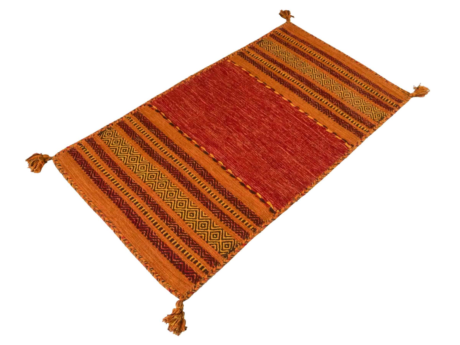 Handgewebter, moderner Indo Kelim Orientteppich von Khademi aus Baumwolle, orange. Geometrisches Design. Von Hand gewebt in Indien. Größe: 150x80cm. Teppichnummer: KB4-1654. Verkauf durch Jupiter Intl.