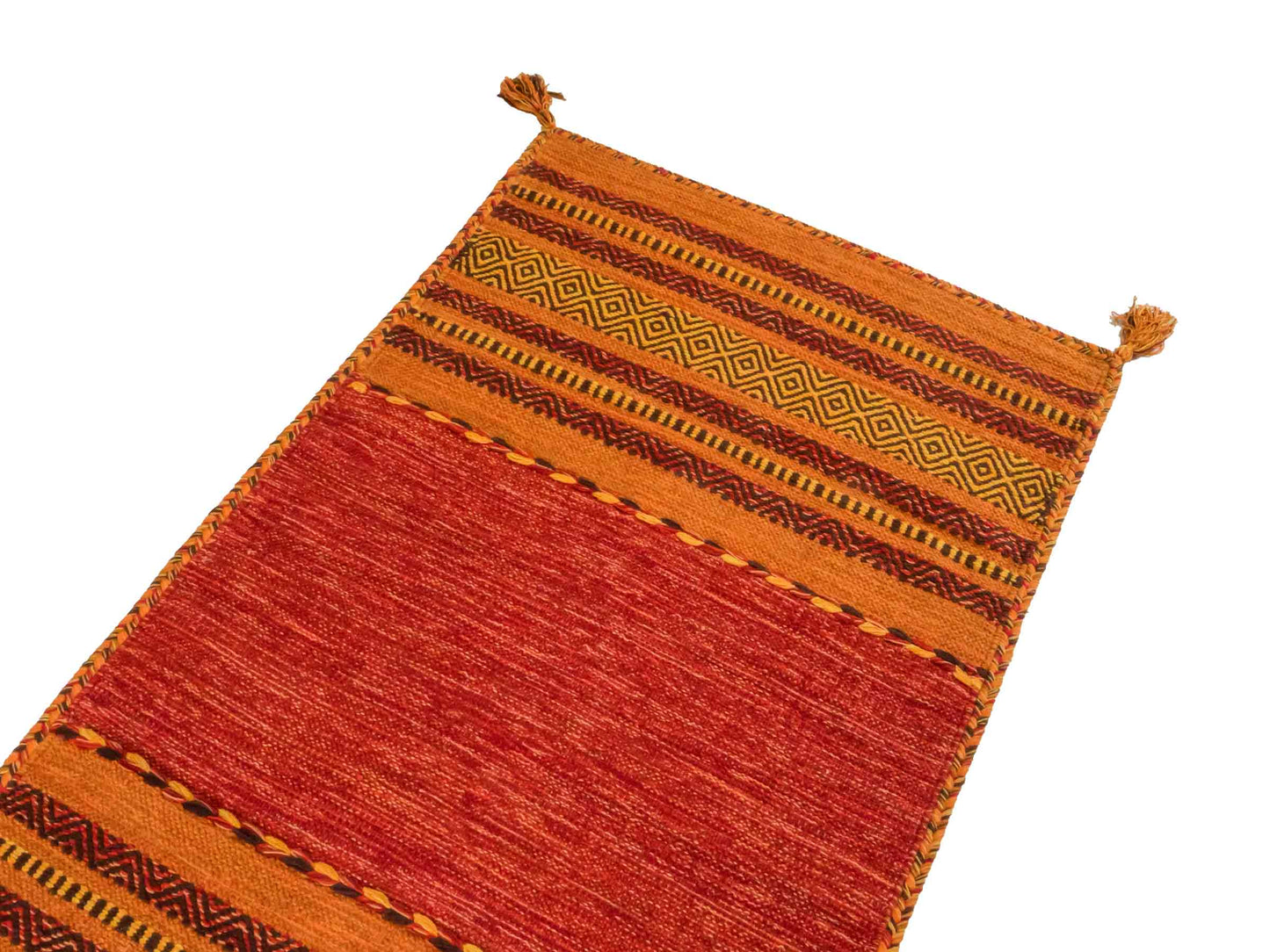 Handgewebter, moderner Indo Kelim Orientteppich von Khademi aus Baumwolle, orange. Geometrisches Design. Von Hand gewebt in Indien. Größe: 150x80cm. Teppichnummer: KB4-1654. Verkauf durch Jupiter Intl.