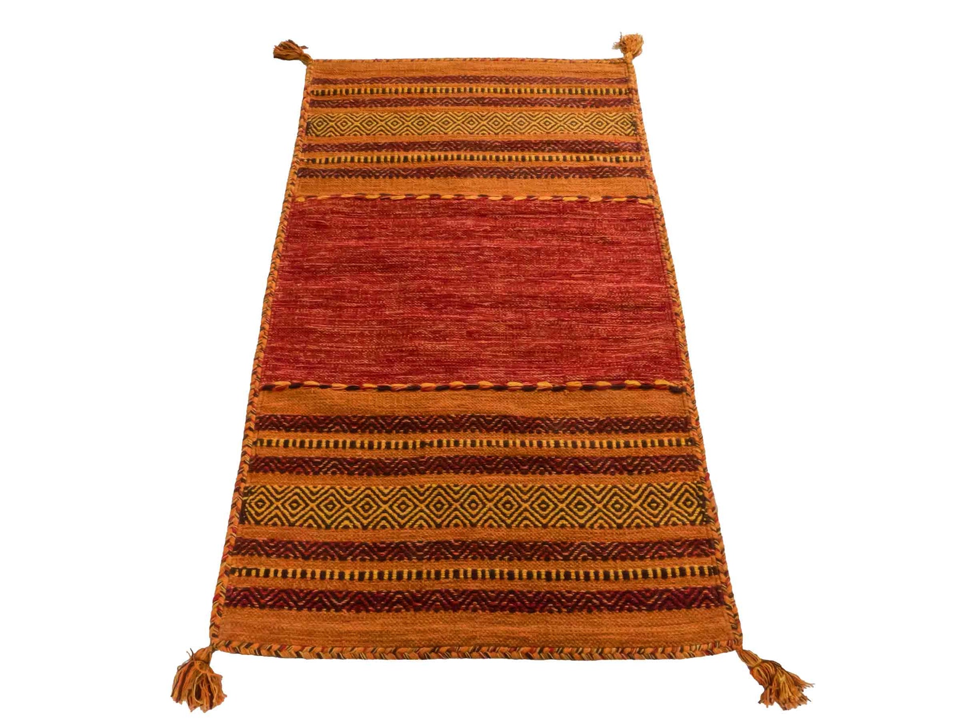 Handgewebter, moderner Indo Kelim Orientteppich von Khademi aus Baumwolle, orange. Geometrisches Design. Von Hand gewebt in Indien. Größe: 150x80cm. Teppichnummer: KB4-1654. Verkauf durch Jupiter Intl.