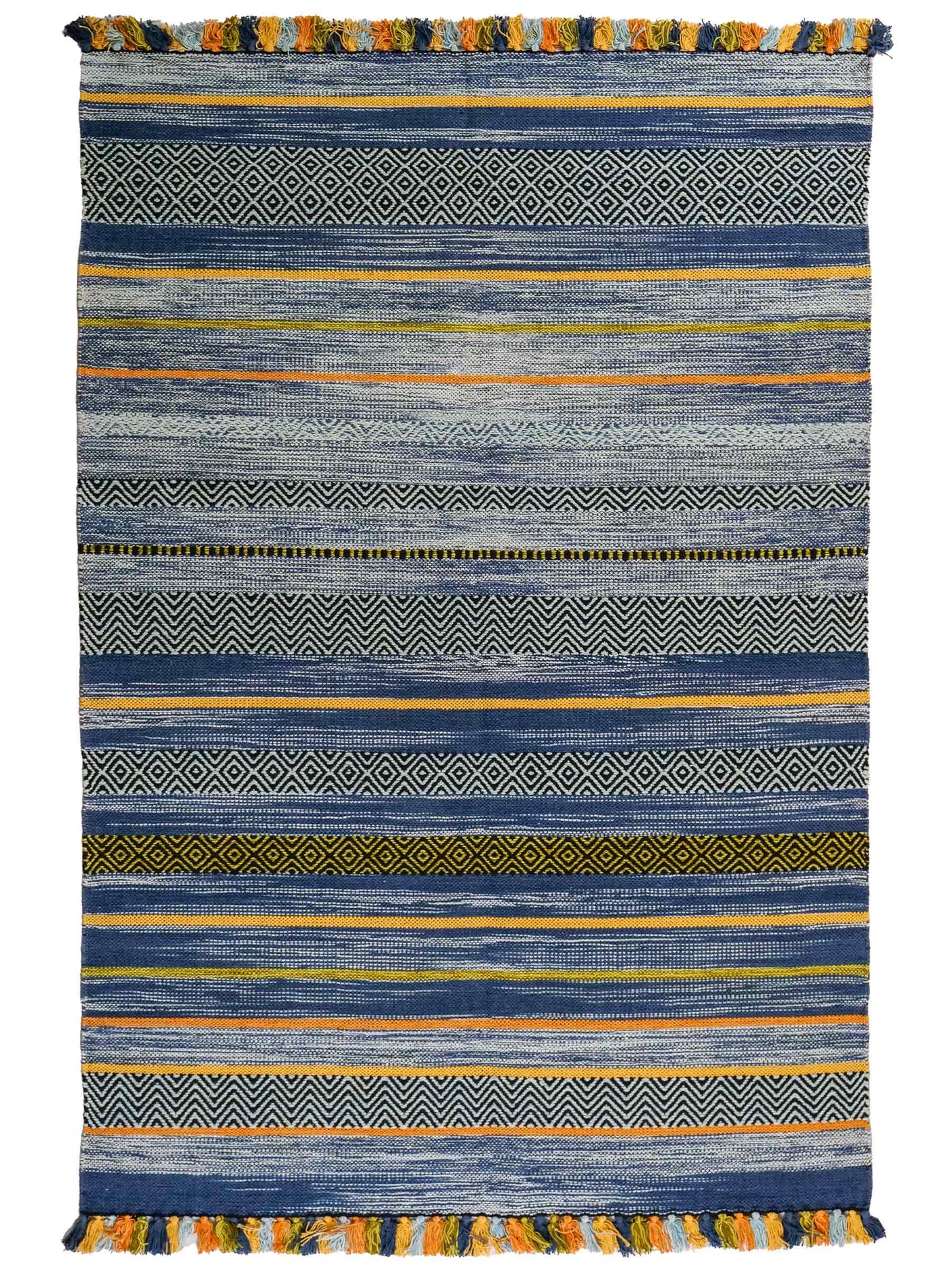 Handgewebter, moderner Indo Kelim Orientteppich von Khademi aus Baumwolle, blau, mehrfarbig. Geometrisches Design. Von Hand gewebt in Indien. Größe: 190x130cm. Teppichnummer: KB4-1675. Verkauf durch Jupiter Intl.