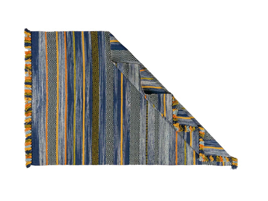 Handgewebter, moderner Indo Kelim Orientteppich von Khademi aus Baumwolle, blau, mehrfarbig. Geometrisches Design. Von Hand gewebt in Indien. Größe: 190x130cm. Teppichnummer: KB4-1675. Verkauf durch Jupiter Intl.