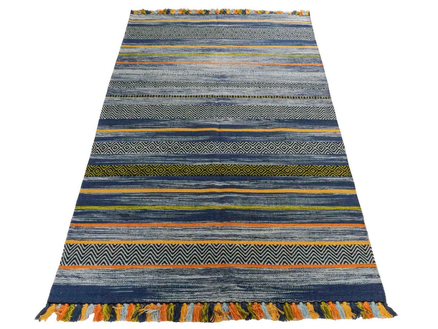 Handgewebter, moderner Indo Kelim Orientteppich von Khademi aus Baumwolle, blau, mehrfarbig. Geometrisches Design. Von Hand gewebt in Indien. Größe: 190x130cm. Teppichnummer: KB4-1675. Verkauf durch Jupiter Intl.
