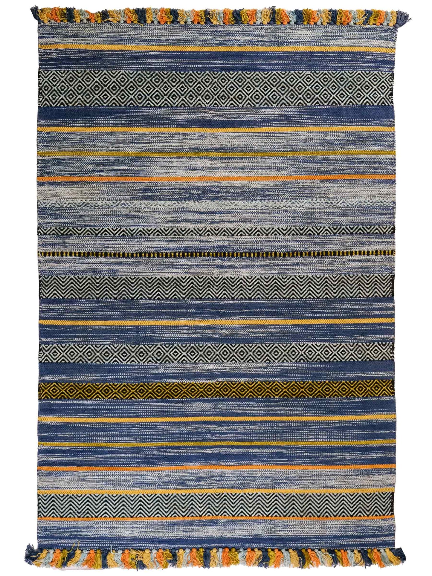 Handgewebter, moderner Indo Kelim Orientteppich von Khademi aus Baumwolle, blau, mehrfarbig. Geometrisches Design. Von Hand gewebt in Indien. Größe: 190x130cm. Teppichnummer: KB4-1676. Verkauf durch Jupiter Intl.