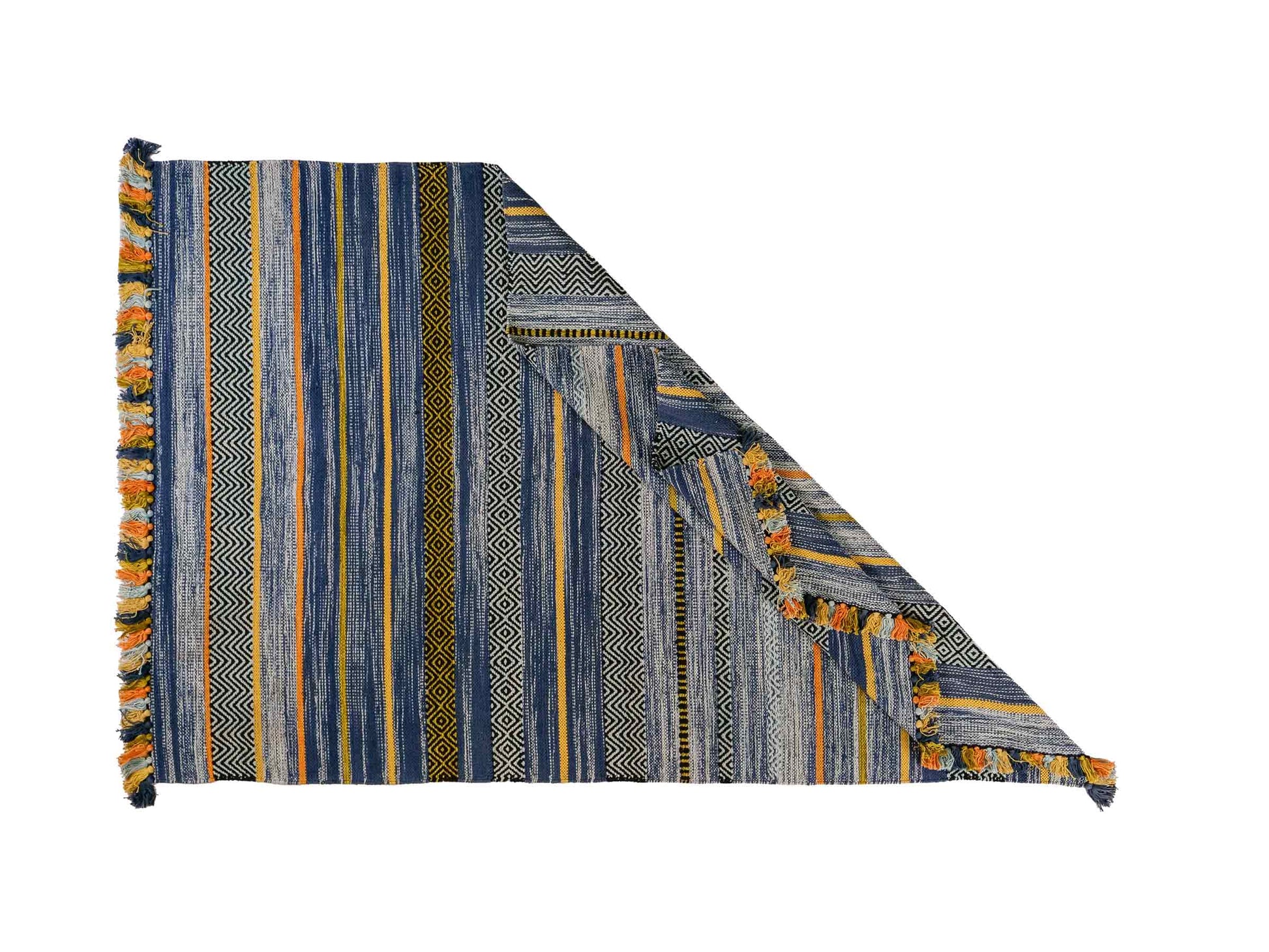 Handgewebter, moderner Indo Kelim Orientteppich von Khademi aus Baumwolle, blau, mehrfarbig. Geometrisches Design. Von Hand gewebt in Indien. Größe: 190x130cm. Teppichnummer: KB4-1676. Verkauf durch Jupiter Intl.